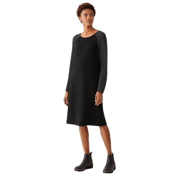 Eileen Fisher Merino Rib Sweater Dress Size M Regenerative Wool Black Grey